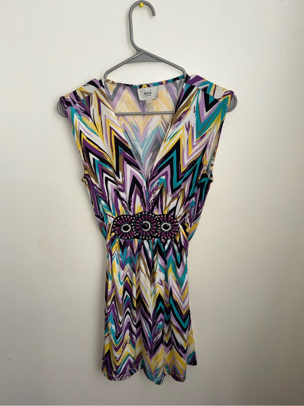 ECI Chevron Print Mini Dress in Purple, Teal, Yellow and Black